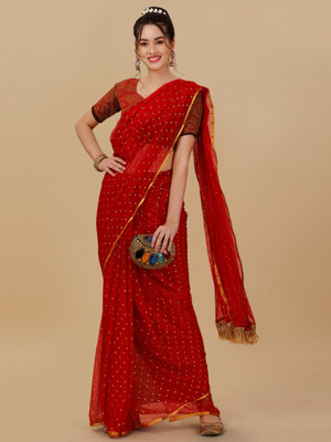 DIVYASHAKTI FASHION Polka Print Bollywood Chiffon Saree(Red)