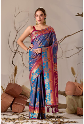 Kathavastra Animal Print, Floral Print, Woven Leheria Silk Blend Saree(Blue)