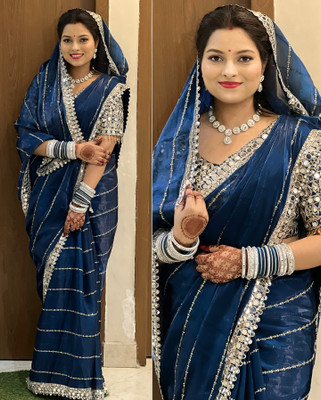 KRISHNACOLLECTION9 Striped, Embellished, Self Design Bollywood Pure Silk Saree(Blue)