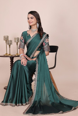 K 5 FASHION Embellished, Embroidered, Solid/Plain Bollywood Chiffon Saree(Green)