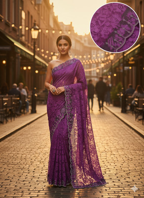 Sudev fashion Self Design Saree with Attached Blouse Net Saree(Purple)