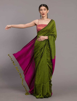 Binay textile Color Block Handloom Cotton Silk Saree(Light Green)