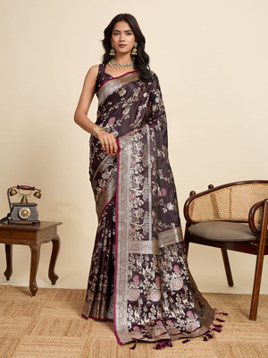 Upalksh Printed Handloom Jacquard, Silk Blend Saree(Brown)