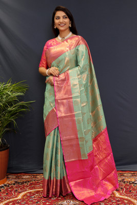 HouseOfCommon Self Design Banarasi Cotton Silk, Jacquard Saree(Light Green)