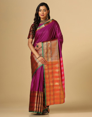 Satrani Woven, Embellished, Self Design Banarasi Cotton Silk Saree(Pink, Gold)