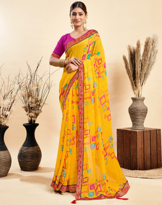 Samah Geometric Print, Printed, Embellished Daily Wear Chiffon Saree(Yellow)
