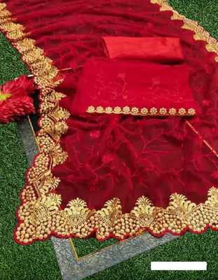 MIYANIFAB Embroidered, Floral Print Bollywood Net Saree(Red)