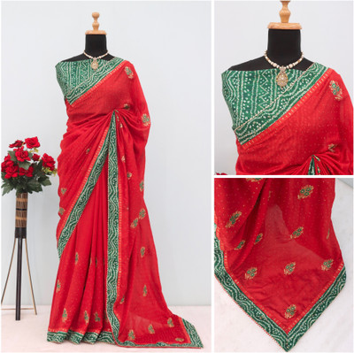 greeva enterprise Printed Bollywood Silk Blend Saree(Red)