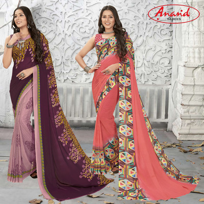 Anand Sarees Floral Print Daily Wear Georgette Saree(Pack of 2, Purple, Beige, Multicolor)