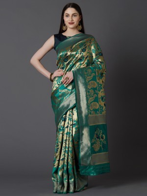 NOJTI Self Design, Embellished Banarasi Jacquard, Art Silk Saree(Green)