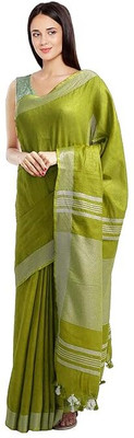 Aamir Fashion Textile Solid/Plain Bhagalpuri Handloom Linen, Cotton Blend Saree(Light Green)