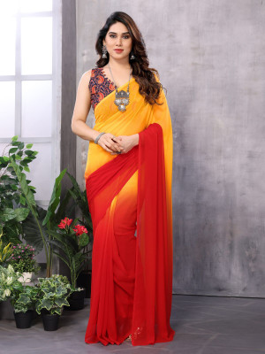 odette Solid/Plain Saree with Attached Blouse Georgette Saree(Yellow)