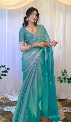 KivaWear Embellished Bollywood Jimmy choo Saree(Light Blue)