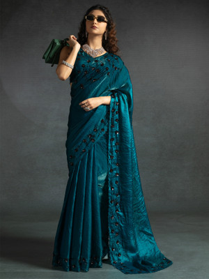 Sareemall Embellished Bollywood Satin Saree(Blue)