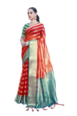 Aarunika IC Striped Bollywood Organza Saree(Red)