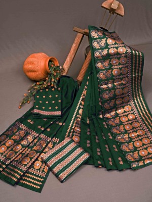 ESOMIC Woven Mekhela Chador Pure Silk Saree(Green)