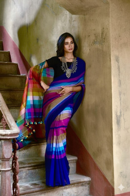 SRINJAN FASHION Color Block Handloom Cotton Linen Saree(Multicolor)