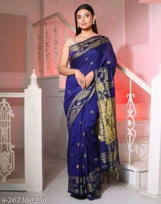 Zinniasareeghar Solid/Plain Handloom Cotton Jute Saree(Dark Blue)