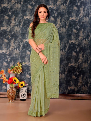 Vragi Embellished Bollywood Lycra Blend Saree(Light Green)