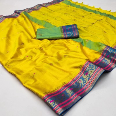 looknchoice Woven Kanjivaram Silk Blend Saree(Yellow)