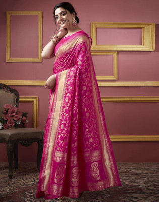 Houri Fab Woven, Embellished Banarasi Pure Silk, Jacquard Saree(Pink)