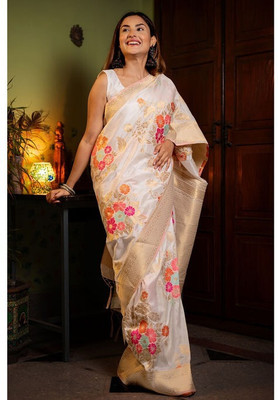 HouseOfCommon Printed Banarasi Art Silk Saree(White)