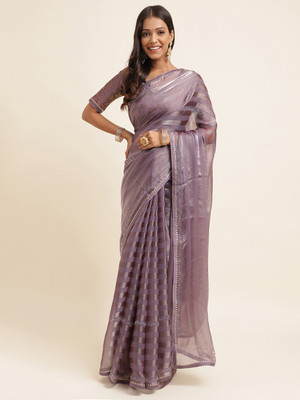 RekhaManiyar Striped Bollywood Nylon Saree(Purple)