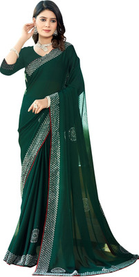 Tasrika Embellished, Embroidered Bollywood Chiffon Saree(Dark Green)