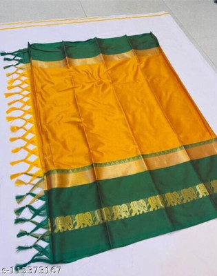 Mortal Textile Solid/Plain Handloom Cotton Silk Saree(Green)