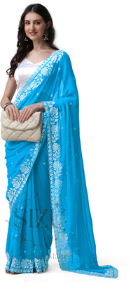 SIZU Embroidered Lucknow Chikankari Art Silk Saree(Blue)
