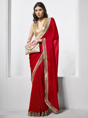 Divastri Embellished, Solid/Plain Bollywood Chiffon Saree(Red)