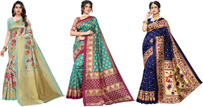 ANIRAV Printed Kasavu Art Silk Saree(Pack of 3, Light Green, Blue, Dark Blue)