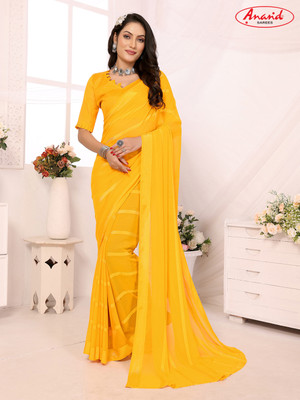 Anand Sarees Striped Bollywood Satin Saree(Yellow)