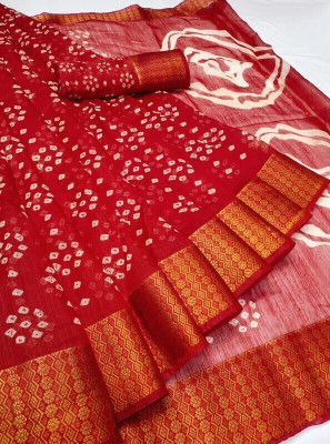 aslisanskriti Printed Kanjivaram Cotton Blend Saree(Red)