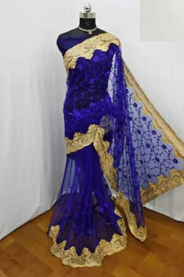 Zenomics Embroidered, Embellished Bollywood Net Saree(Blue)