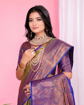jayant creation Self Design, Woven Daily Wear Silk Blend, Jacquard Saree(Light Green, Purple)