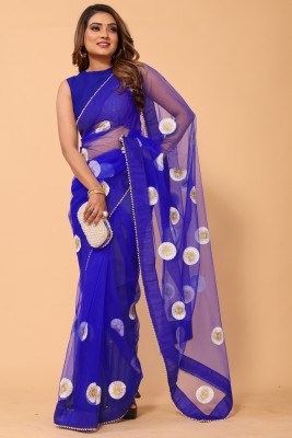 MYSTERY BOX Embroidered Bollywood Net Saree(Blue)