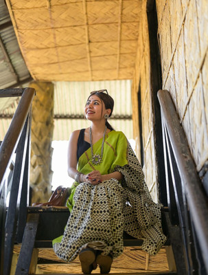 Anjaneya Sarees Printed Bollywood Linen Saree(Green)