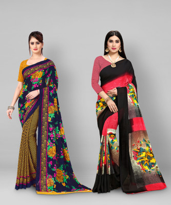 kashvi sarees Printed Daily Wear Georgette Saree(Pack of 2, Blue, Pink, Black, Yellow)