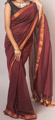 The huts weaver Solid/Plain Handloom Pure Cotton Saree(Maroon)
