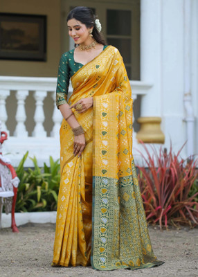 SNH EXPORT Floral Print Banarasi Silk Blend Saree(Yellow)