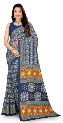 romakrishto Printed Hand Batik Pure Cotton Saree(Pack of 2, Blue)