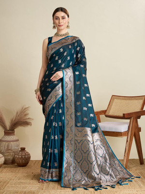 all about you Woven Bollywood Cotton Silk Saree(Blue)