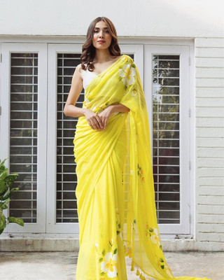 GEETABA FASHION Printed Bollywood Linen Saree(Yellow)