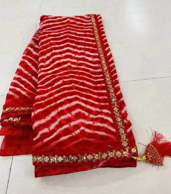 VEDVATI Striped Leheria Georgette Saree(Red)