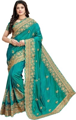 Kedar Fab Embroidered, Self Design, Embellished Bollywood Pure Silk Saree(Green)