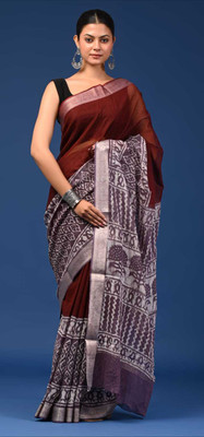 Brindaa Printed, Blocked Printed, Woven Kota Doria Pure Cotton Saree(Maroon)