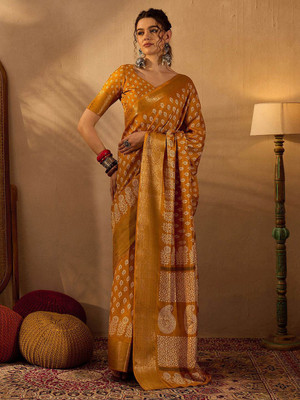 Anouk Rustic Printed Chinnalapattu Silk Blend Saree(Mustard)