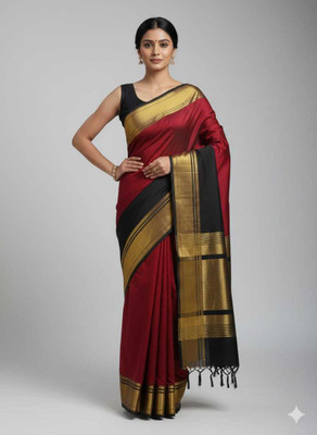 Lady Style Solid/Plain Kanjivaram Silk Blend Saree(Maroon, Black, Gold)