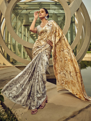 Divastri Printed Bollywood Satin, Silk Blend Saree(Beige)